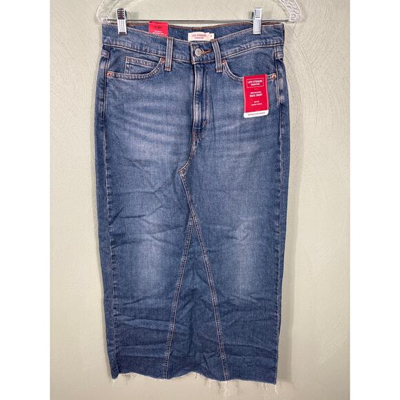 Levi Strauss Denim Maxi Skirt Women's Distressed Slit Mid Rise Comfort Stretch - Picture 8 of 10